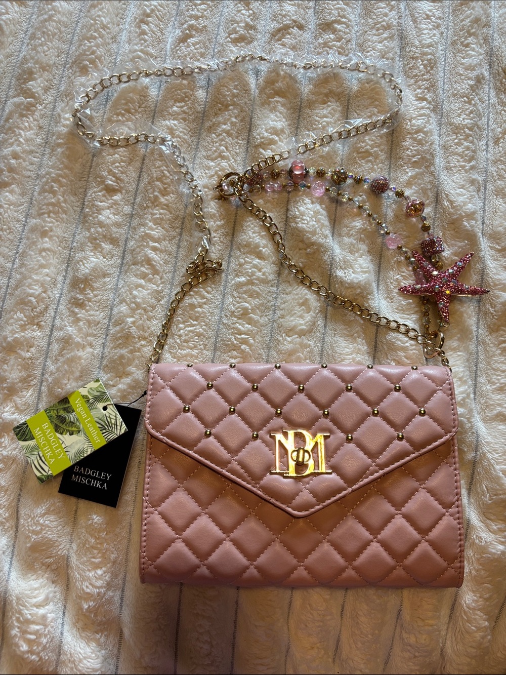 Badgley Mischka Blush Pink Quilted Crossbody with Gold Logo